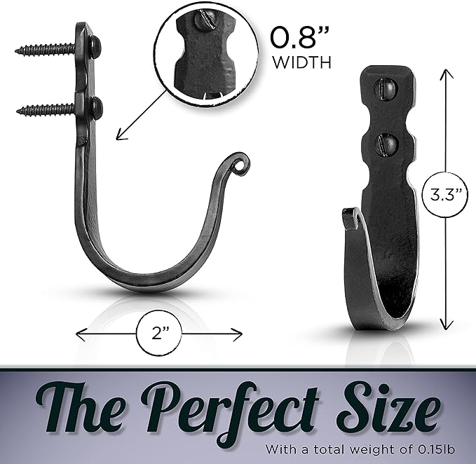 Decorative Hooks for Wall - Metal Wall Hooks for Hanging Coats, Hats & Bags, Rustic Towel Hooks for Bathrooms or Kitchen - Wrought Iron Farmhouse Hangers - Pack of 3, Black - 3.3x2x0.8 Inches