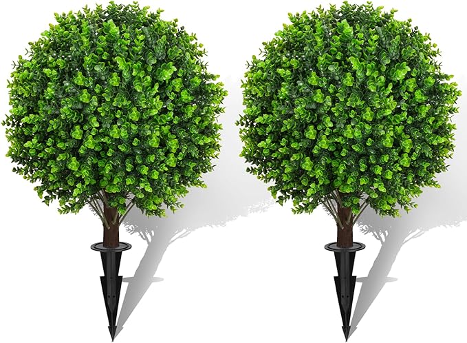 22" Artificial Green Eucalyptus Topiary Ball Trees with Ground Spike Set of 2 - UV Resistant Faux Evergreen Shrubs & Bushes Plants for Outdoor Indoor Front Porch Garden