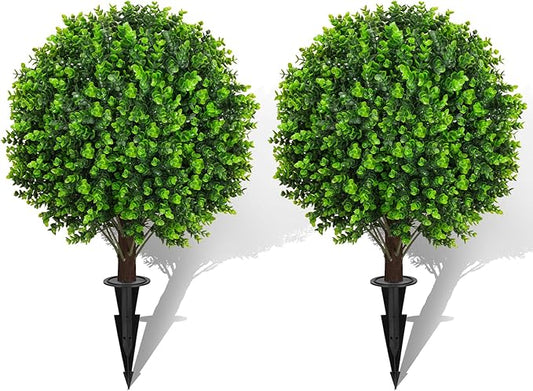 22" Artificial Green Eucalyptus Topiary Ball Trees with Ground Spike Set of 2 - UV Resistant Faux Evergreen Shrubs & Bushes Plants for Outdoor Indoor Front Porch Garden