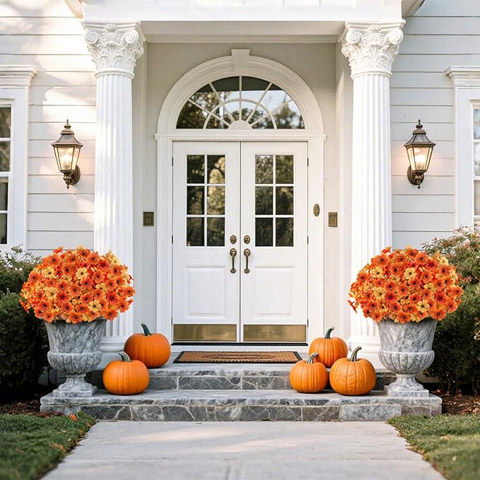 16 Bundles Artificial Fall Flowers for Outdoors, Realistic Fake Silk Flowers with Eucalyptus, No Fade Faux Fall Plants for Planter, Patio, Front Porch & Garden Decor