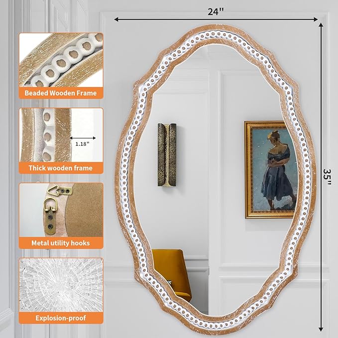 24" x 35" Wooden Farmhouse Oval Mirror for Wall Decor, Living Room, Bedroom, Bathroom Rustic Decorative Mirror for Entryway - Vertical or Horizontal Hanging