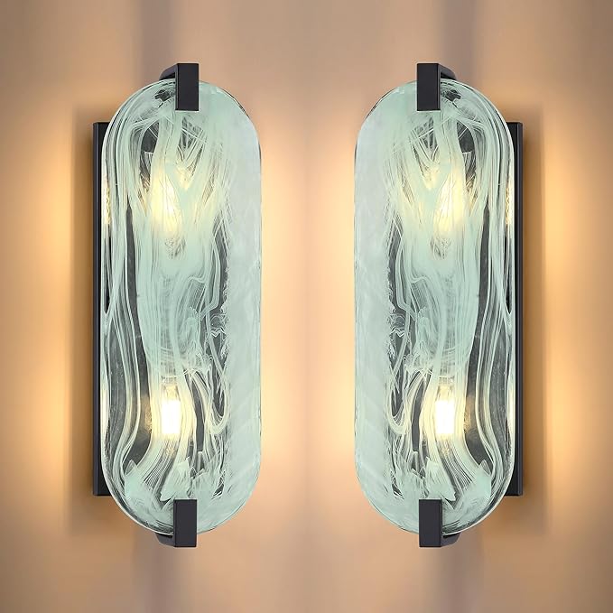 2 Light Oval Green Glass Bathroom Wall Sconce Modern Concise Style Wall Light Fixture,Black Finish for Bedroom Hallway Bedside