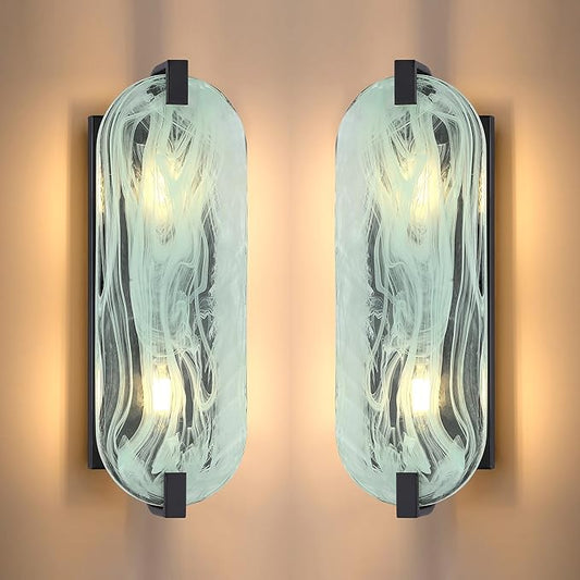 2 Light Oval Green Glass Bathroom Wall Sconce Modern Concise Style Wall Light Fixture,Black Finish for Bedroom Hallway Bedside