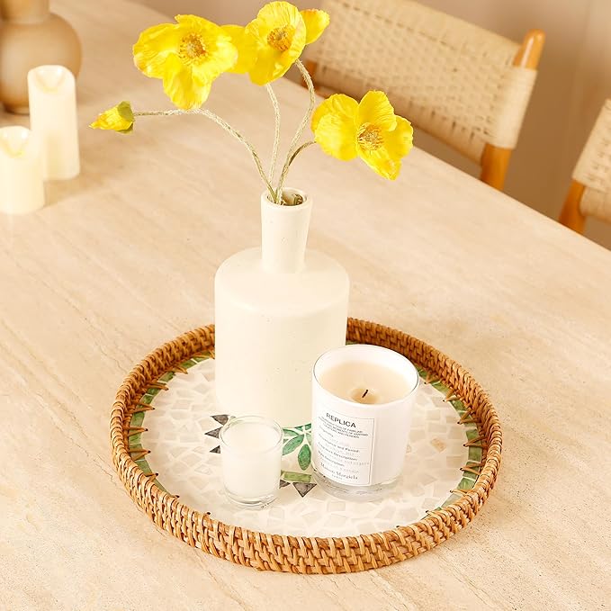 Round Rattan Tray with Mother of Pearl Inlay & Wooden Base - Decorative Wicker Serving Tray for Coffee/Bread/Fruits, Food Storage & Display - Multipurpose Home Decor (L,Bohemia)