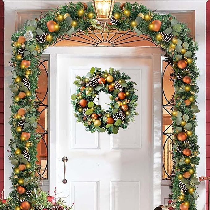 WANNA-CUL Pre-Lit 6 ft/ 72 Inch Christmas Garland with Lights Decoration for Mantle with Copper Gold Christmas Ball Ornaments,Battery Operated 30 LED Lights