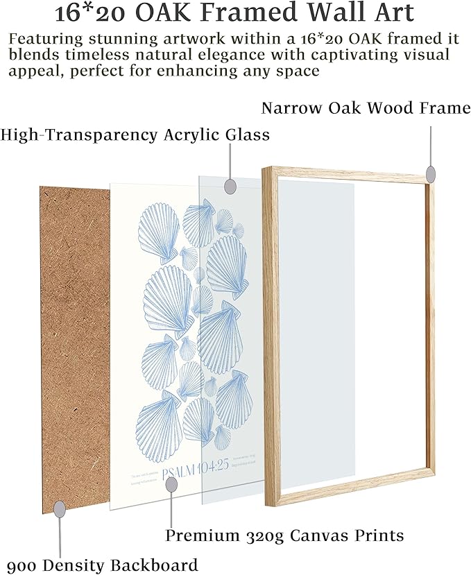 EcoHest Christian Bible Verse Framed Wall Art, Large 16x20in OAK Wood Trendy Seashell Nautical Scripture Quote Canvas Wall Art, Psalm 104:25 Home Decor, Beige Logs Set of 1 for Bedroom Living Room