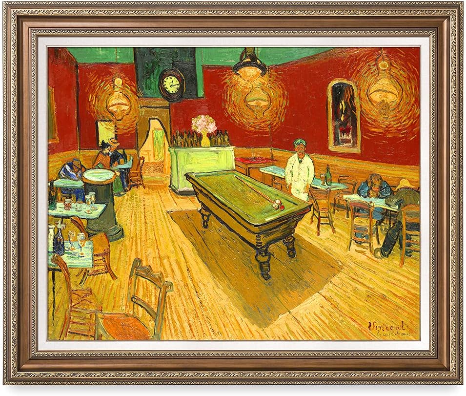 DECORARTS - The Night Cafe in the Place Lamartine in Arles, Vincent Van Gogh Art Reproduction. Acid Free Cotton Canvas Giclee Print w/Bronze Frame&Mat for Wall Decor.