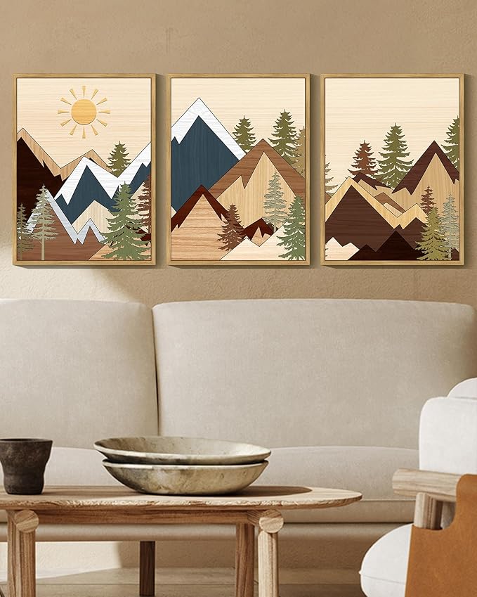 KUVIOKE Morden Mountains Pine Tree Forest Framed Wall Art Sunrise Boho Nature Landscape Artwork Bohemain Farmhouse Bedroom Living Room Decor 11x14in (Natural Framed)