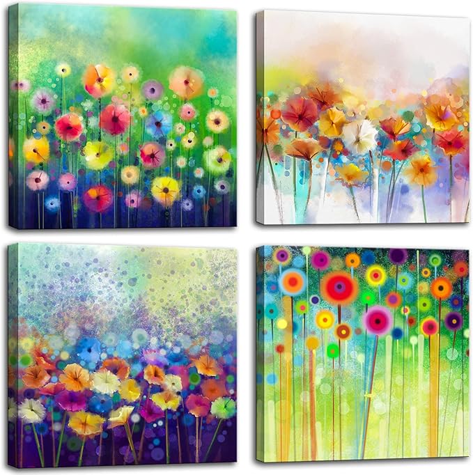 Abstract Floral Canvas Wall Art, Colorful Flowers Artwork Painting Prints Modern Watercolor Pictures Framed for Living Room Bedroom Bathroom Office Home Decor - 20"x20"x4 panel