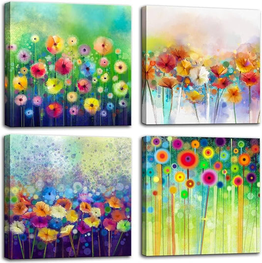 Abstract Floral Canvas Wall Art, Colorful Flowers Artwork Painting Prints Modern Watercolor Pictures Framed for Living Room Bedroom Bathroom Office Home Decor - 20"x20"x4 panel