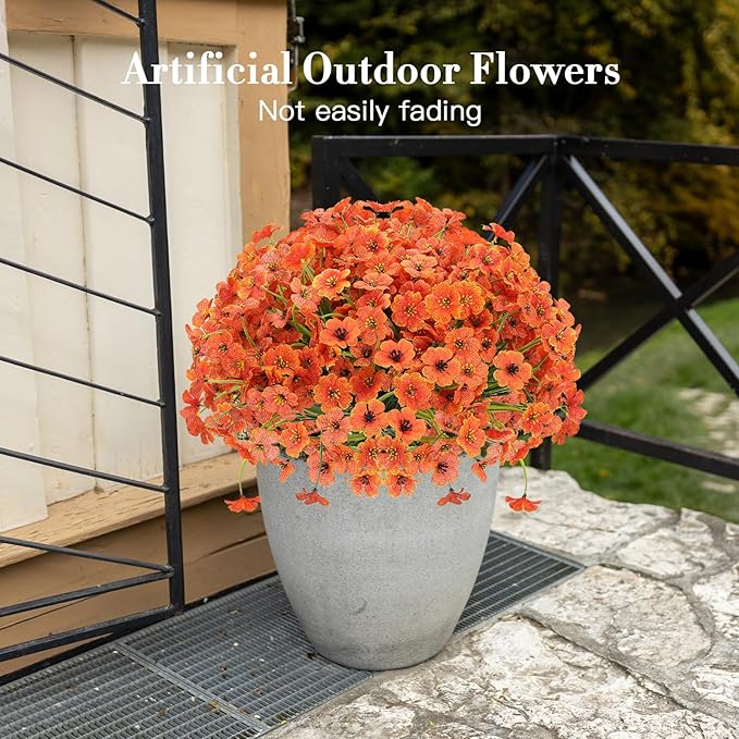 20 Bundles Fall Flowers Artificial for Decoration Outdoors, Fake Flowers Faux Plants Silk Colorful Daisy Eucalyptus Realistic UV Resistant for Garden Patio Porch Box Home Decor, Orange