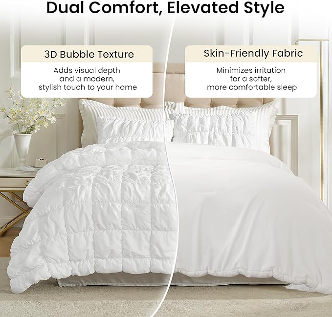 Amelie Home White Bubble Comforter Set Twin, 2 Pieces Ultra Soft Cozy Bedding Set for All Seasons, Farmhouse Luxury Gift for Women Home Decor, 68 x 90 inches