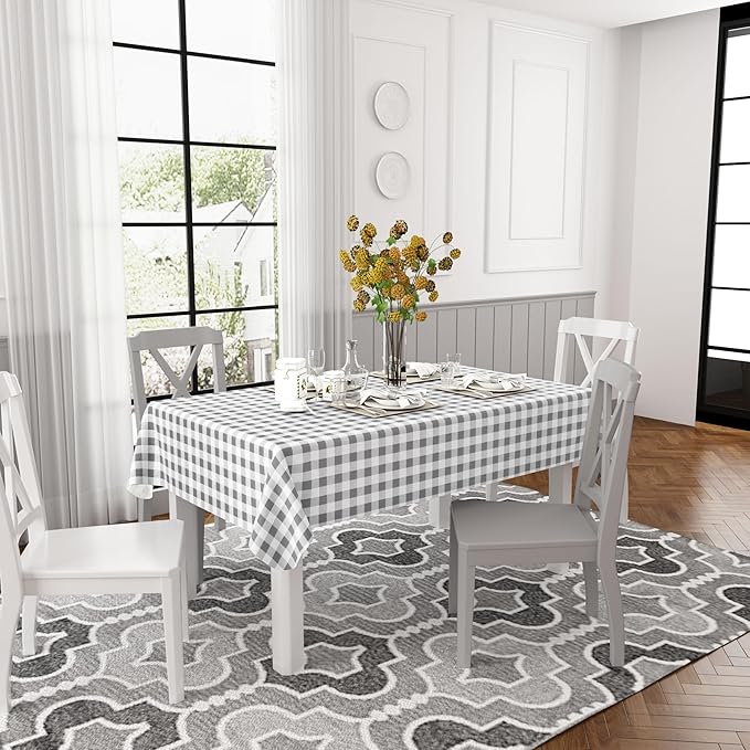 misaya Rectangle Waterproof Vinyl Table Cloth, Buffalo Flannel Backed Tablecloth, Wipeable Plastic Table Cover for Dinner, Kitchen, Outdoor (60" x 144", Grey and White)