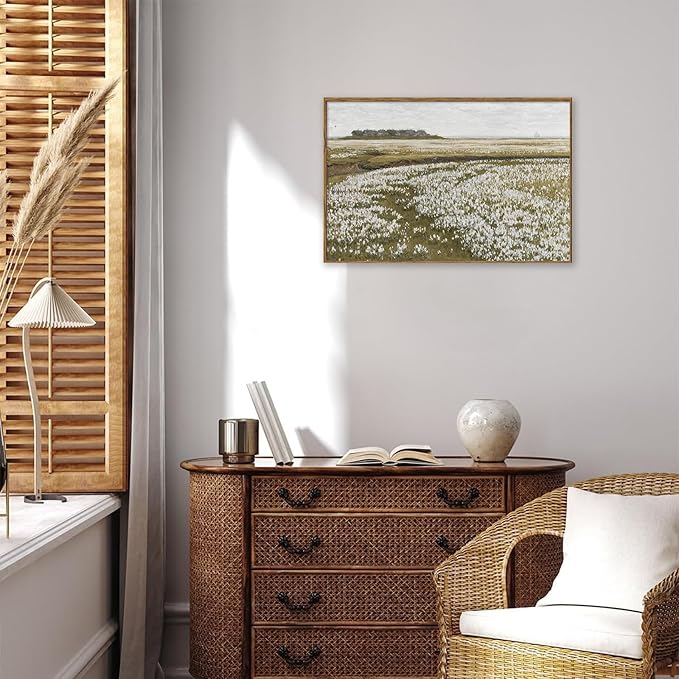 KBKBART Framed Vintage Wall Art Prints, Retro Countryside Flower Field Nature Wilderness Canvas Painting Farmhouse Decor Wall Art, Rustic Landscape Wall Decor for Bathroom, Bedroom Living Room,