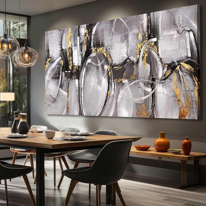XIANSHOU Black and Grey Painting Pictures Abstract Wall Decor for Office 29"x 58" Modern Artwork Gold Foil Wall Art for Living Room Dining Room Bedroom