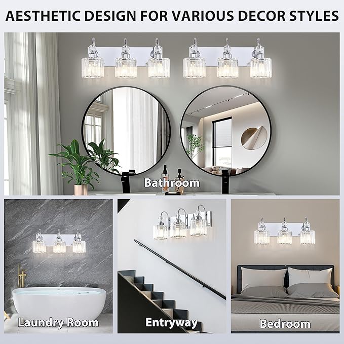 Bathroom Vanity Light Fixtures Over Mirror - Makeup Lighting Chrome - for Modern Wall, Bath, Desk, Farmhouse, Hallway 3 Crystal Lights