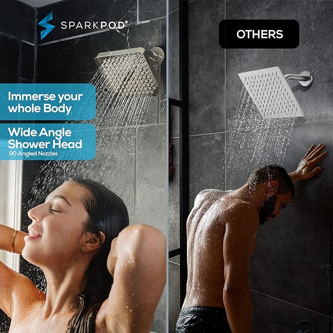 SparkPod Shower Head - High Pressure Rain - Premium Quality Luxury Design - 1-Min Install - Easy Clean Adjustable Replacement for Your Bathroom Shower Heads (Elegant Brushed Nickel, 6 Inch Square)