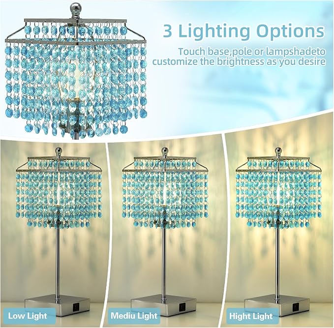 Luvkczc Crystal Table Lamp with Touch Control, Bedside Crystal Table Lamp with USB C+A Ports, 3-Way Dimmable Lamp with Crystal Shade for Girls Bedroom, Living Room, Light Blue & B11 LED Bulb Included