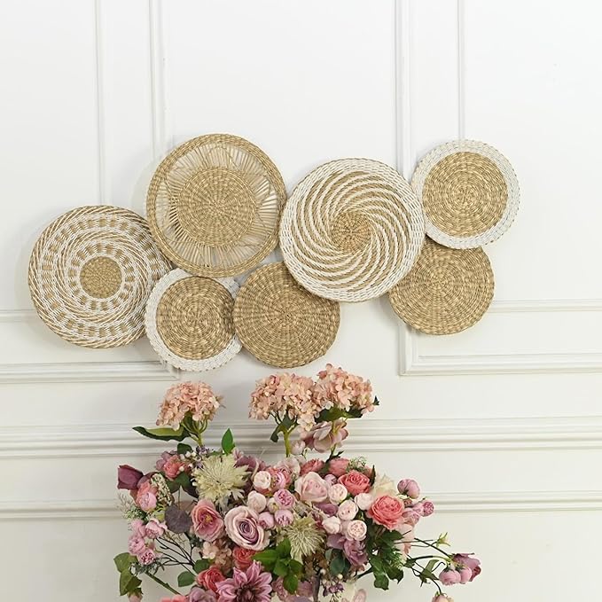 Wicker Wall Decor Set – Boho Basket Wall Art, Natural Woven Wall Art for Living Room Bedroom, Seagrass Decorative Plates For Wall Hanging, Flat and Lightweight