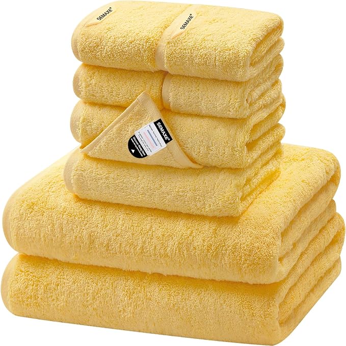 SEMAXE Bath Towel Set, 100% Cotton Absorbent Bathroom Towels with Hanging Loops and Nano-Bio Lifecycle Labels, Yellow 8 Piece Towel Set Include 2 Bath Towels, 2 Hand Towels, 4 Washcloths
