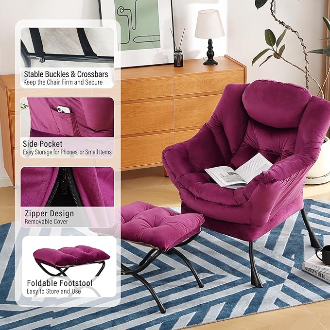 Lazy Chair with Ottoman, Modern Chair with Folding Footrest, Lounge Accent Chair, Comfortable Reading Chair (Velvet Dark Purple)