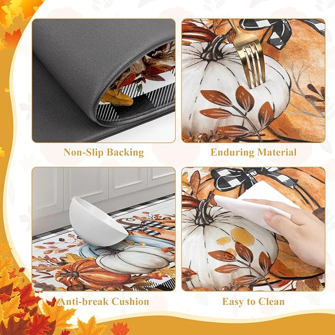SHACOS Fall Anti Fatigue Kitchen Mats 2 Pcs Pumpkins Gnome Maple Leaves Black and White Checkered Rug Autumn Non Slip Cushioned Floor Mat for Kitchen Decor, 17x27.5+17x47, Pumpkins Black Plaid