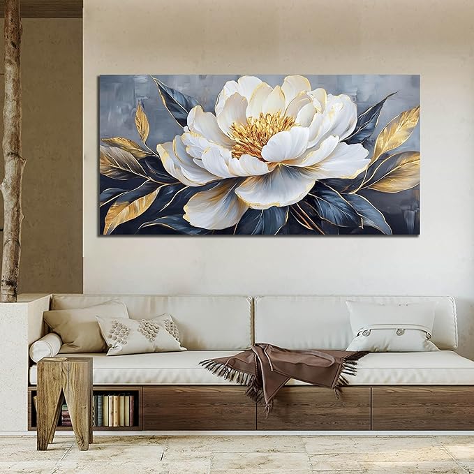 AOZEMI White Flowers Wall Art for Living Room Floral Beautiful Picture Gold Canvas Art Nature Wall Decor Bedroom 24"x 48"