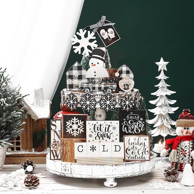 17 Pcs Christmas Tiered Tray Decor Set Winter Tiered Tray Decorations Farmhouse Tabletop Centerpiece Christmas Wooden 3D Sign for Xmas Home Buffalo Plaid Rustic Table Decoration(Cool)