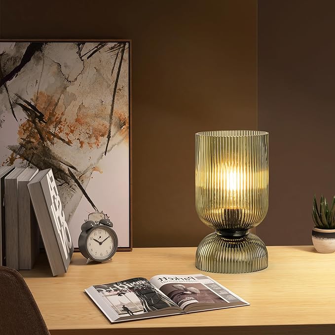 Modern Table Lamp,Glass Mid Century Lamp with Green Glass Shade, Bedside Lamp with On/Off Switch, Minimalist Nightstand Lamp for Bedroom, Living Room, Office (Bulb not Included)