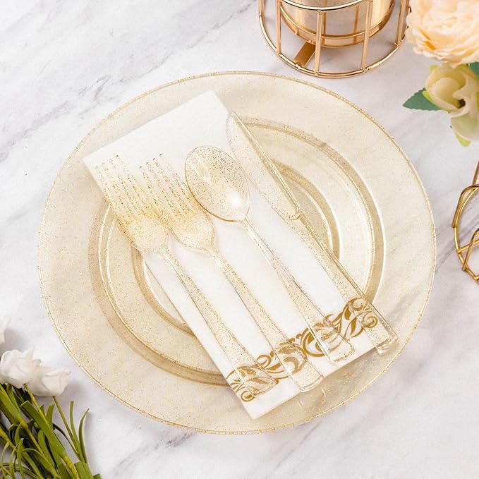 Goodluck 350 Piece Dinnerware Set for 50 Guests, Plastic Plates Disposable for Party, Include: 100 Gold Glitter Plastic Plates, 50 Paper Napkins, 50 Cups, 50 Gold Glitter Plastic Silverware Set