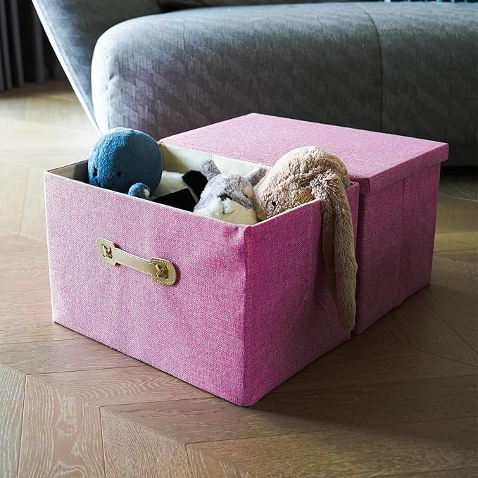 Enzk&Unity Decorative Storage Bins with Lids, Fabric Linen Foldable Storage Box with Handle Home Organizer for Shelf, Closet, Bedroom, Living Room, Office, 3 Packs, Pink