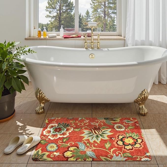 Lahome Red Kitchen Rugs - 2'x3' Small Entryway Rug Washable Kitchen Mat, Non Slip Area Rug Throw Modern Floral Rugs Door Mat for Bathroom Bedroom