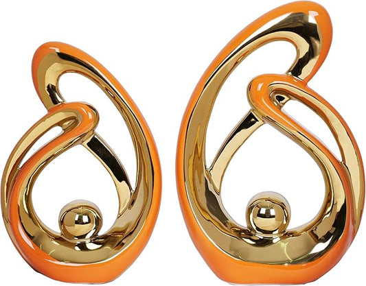2 Pcs Orange and Gold Decor for Living Room Table Sculpture Decorations Ceramic Decor Mid Century Modern Decor Figurine Centerpieces for Dining Room Kitchen Fireplace Shelf Office Coffee Table Decor