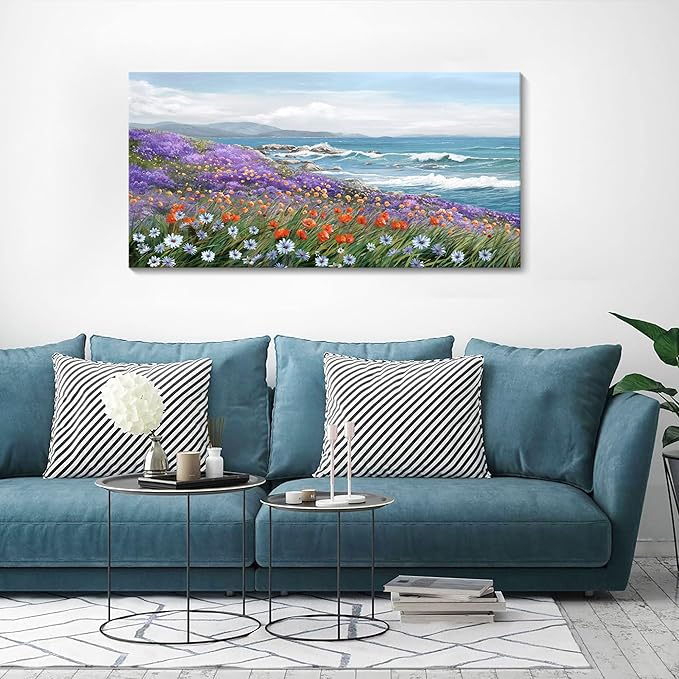 YDYSUNE Coastal Wall Art Ocean Farmhouse Picture for Living Room Blue Modern Home Bedroom Decoration Beach Painting Seascape Framed Artwork Decor 20×40IN