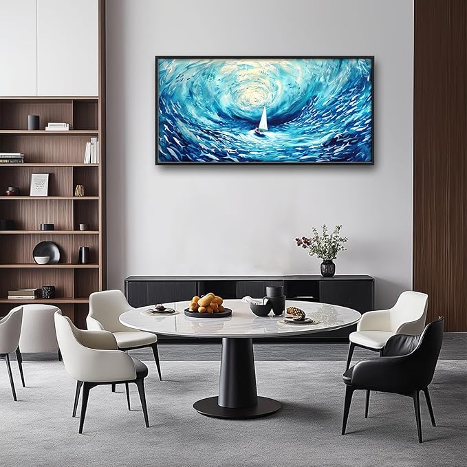 Sailboat Large Framed Wall Art Blue Sea Ocean Pictures Abstract Marine Nautical Fish Oversized Wall Decor Canvas Print Painting Aesthetic Modern Artwork for Living Room Bedroom Office Bathroom Home Decor 60L"x30W"