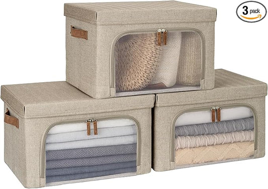 StorageWorks Storage Bins with Lids, Decorative Boxes with Clear Window for Clothes, Fabric Collapsible Baskets for Closet Organization, Medium, Brown, 3 Packs