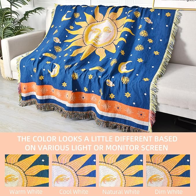 Boho Throw Blanket Reversible Cotton Bohemian Tapestry Hippie Room Decor Outdoor Blanket Double Sided (Boho Sun Blue 50"x60")