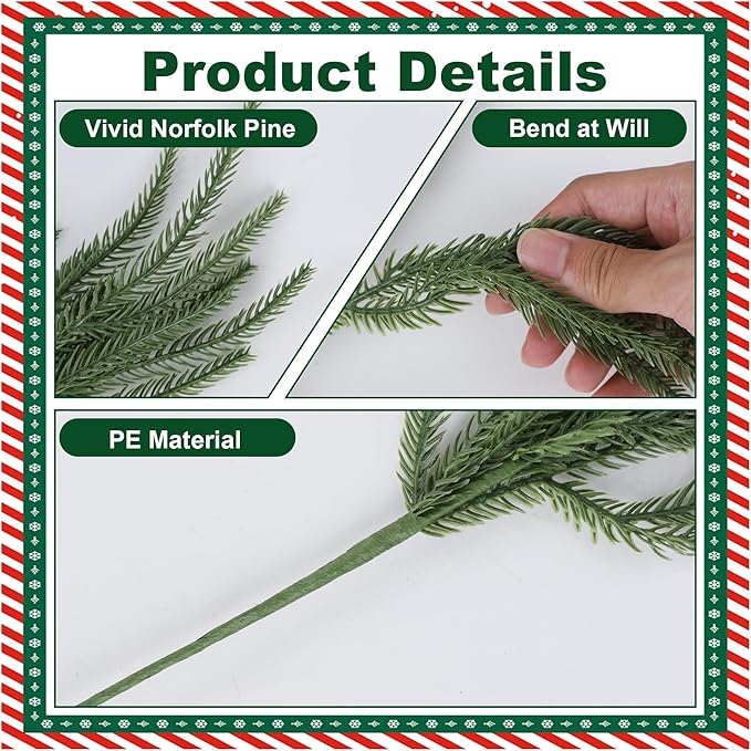 DR.DUDU 16 Pack Norfolk Pine Stems - 18" Real Touch Artificial Christmas Greenery Stems for Vase Fillers, Fake Pine Branches Christmas Decorations for Indoor Home, Table Centerpieces and Xmas Décor