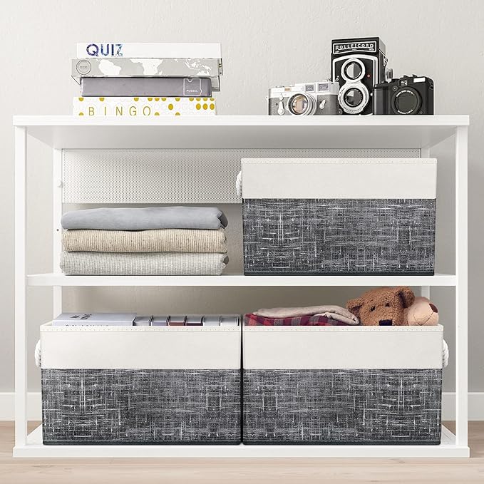 Fab totes Storage Bins [6-Pack], Foldable Storage Baskets for Organizing Toys, Books, Shelves, Closet, Large Storage Box with Rope Handles, Sturdy Organizer Bins, White & Black