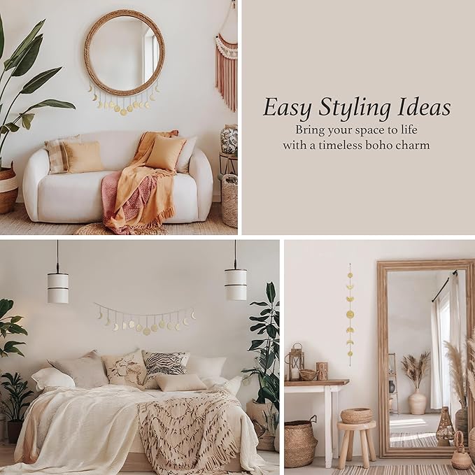 BASE ROOTS Moon Phase, Gold Wall Decor for Bedroom & Living Room, Bohemian Wall Decor, Handmade Hammered Metal 36" 13 Phases Moon, Celestial Wall Art, Gift for Women & Kids