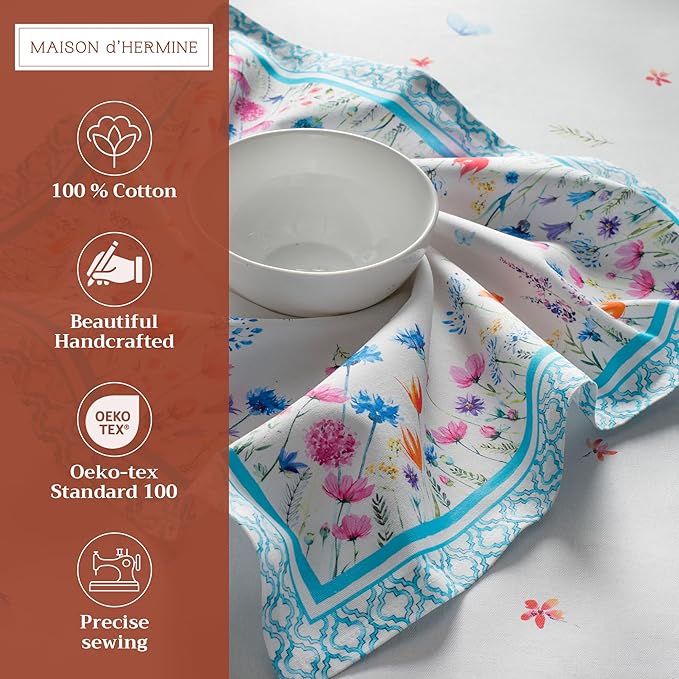 Maison d' Hermine Cloth Napkins Set of 4 100% Cotton Everyday Reusable Square Napkins Cloth Washable, Dinner, Party, Wedding, Restaurant, Spring/Summer (Flower in The Field, 20" x 20")