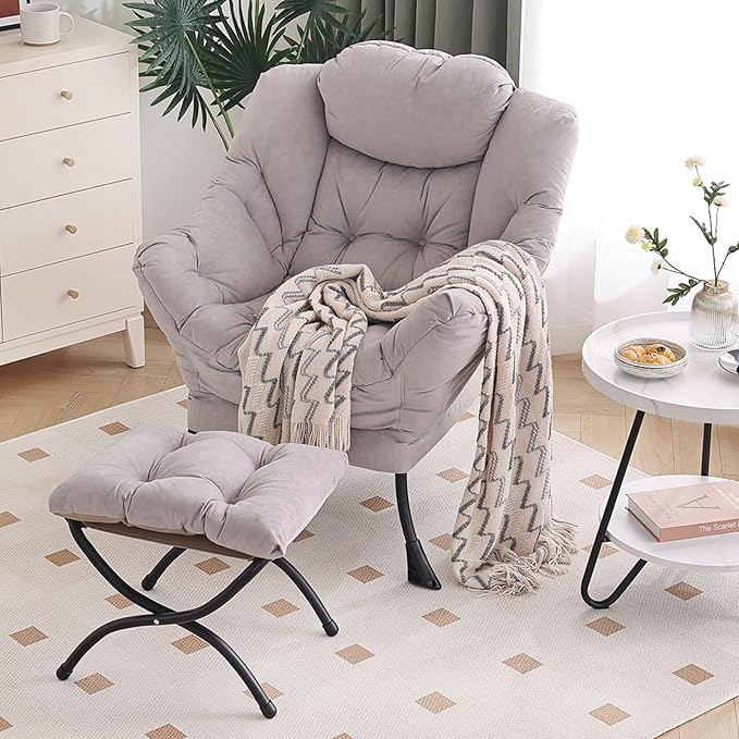 Lazy Chair with Ottoman, Modern Chair with Folding Footrest, Lounge Accent Chair, Comfortable Reading Chair, Oversized Armchairs for Bedroom, Study, Living Room, Courtyard (Light Grey)