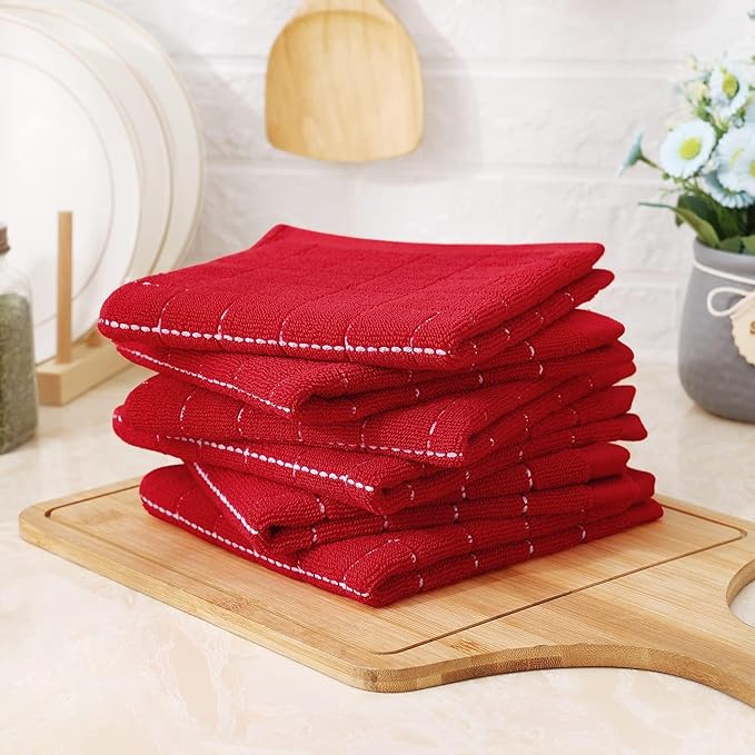 Homaxy 100% Cotton Terry Kitchen Dish Cloths, Ultra Soft and Absorbent Dish Towels for Kitchen, Suitable for Drying and Washing Dishes, 12 Pack, 12 x 12 Inches, Red