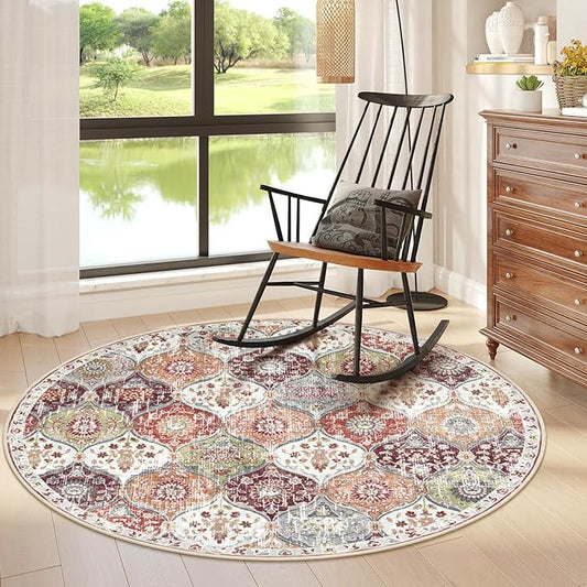 Lahome Moroccan Trellis Round Area Rugs, Washable Small Round Rug 3ft Non-Slip, Soft Vintage Ultra-Thin Circle Carpet for Bedroom Entryway Kitchen Laundry Bathroom, Orange/Terracotta