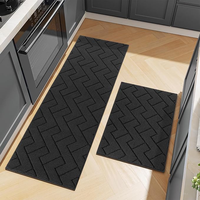 hicorfe Kitchen Rugs and Mats Sets,2 Pieces Super Absorbent Polypropylene Non-Slip Rug,Soft Comfort Floor Mat,Washable for Kitchen,Hallway,Office,Sink,Laundry(24" x 35"+24" x 71",Charcoal)