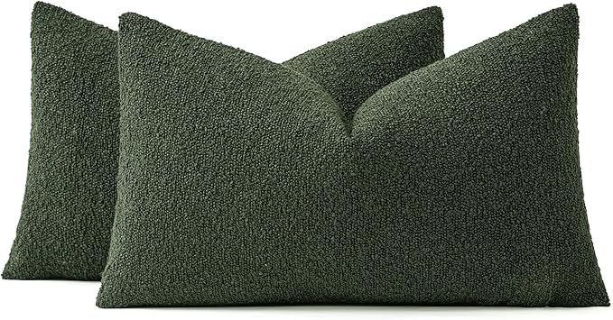 MIULEE 12x20 Inch Decorative Lumbar Throw Pillows for Bed Set of 2 Textured Boucle Neutral Throw Pillow Covers Dark Green Accent Solid Pillowcase Cozy Soft Sofa Livingroom Home Decor