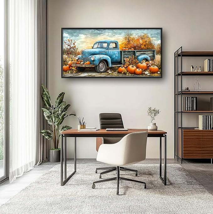 Olivine Fall Large Wall Art, Pumpkin Pictures Wall Decor, Truck Painting, Country Autumn Canvas Prints, Framed Artwork for Dining Room Living Room Bedroom Bathroom Office Home Decor 60"x30"