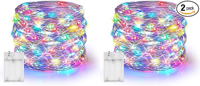 Dazzle Bright Fairy Lights Battery Operated, 2 Pack Total 40FT 120LED Silver Wire Waterproof String Lights, Christmas Decorations for Indoor Outdoor Bedroom Yard Decor, Multi-Colored