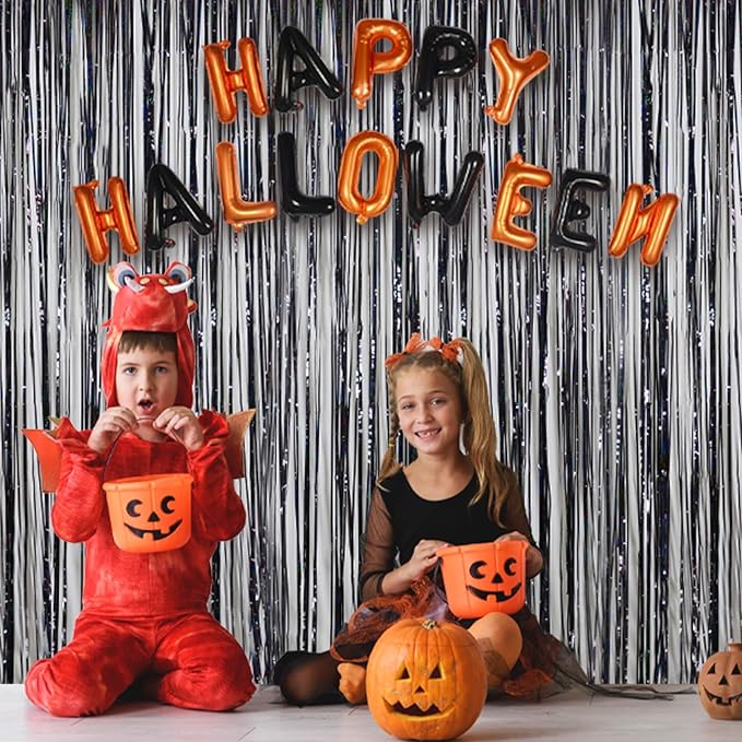Halloween Party Decorations Indoor for Adults, Melsan 3.2 x 8 ft Black Streamer Tinsel Photo Backdrop for Birthday, Graduations, Fiesta, Halloween Decorations - Pack of 2