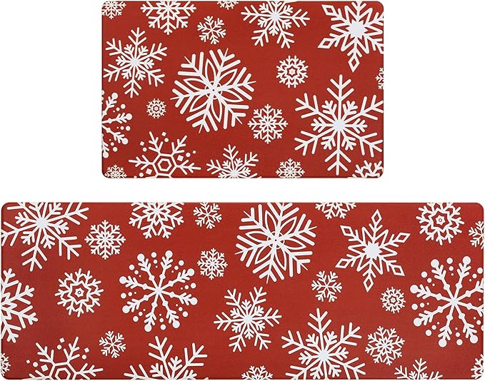 SHACOS Christmas Kitchen Rugs Set of 2 Anti-Fatigue Kitchen Mats Cushioned Red Christmas Kitchen Rugs White Snow Farmhouse Kitchen Mats and Rugs for Xmas 17x27.5+17x47, Snowflakes